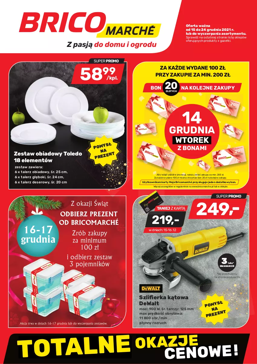 Gazetka promocyjna Bricomarche - Gazetka - ważna 15.12 do 24.12.2021 - strona 1 - produkty: Deser, Olej, Pojemnik, Ser, Szlifierka, Szlifierka kątowa, Talerz, Talerz deserowy, Talerz głęboki, Talerz obiadowy