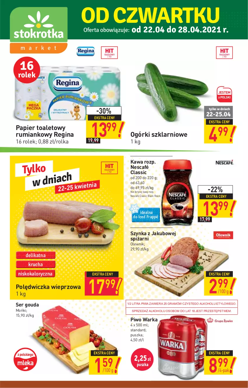 Gazetka promocyjna Stokrotka - Market - ważna 22.04 do 28.04.2021 - strona 1 - produkty: Gin, Gouda, Gra, Kawa, Lack, Nescafé, Olewnik, Papier, Papier toaletowy, Piwa, Piwo, Polędwiczka wieprzowa, Rum, Ser, Szynka, Warka