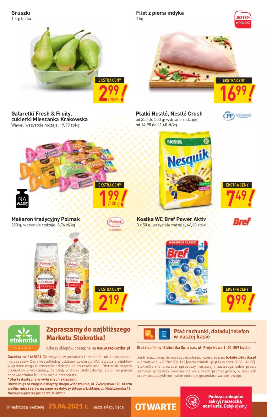 Gazetka promocyjna Stokrotka - Market - ważna 22.04 do 28.04.2021 - strona 12 - produkty: Bref, Cukier, Cukierki, Filet z piersi indyka, Gala, Galaretki, Gruszki, Kosz, Makaron, Nestlé, O nas, Olma, Ser, Szal, Telefon, Wagi, Wawel