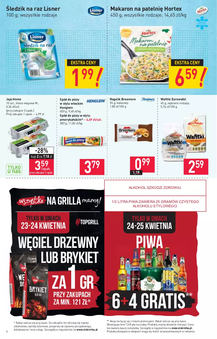 Gazetka promocyjna Stokrotka - Market - ważna 22.04 do 28.04.2021 - strona 4 - produkty: Gra, Hortex, Jaja, Kakao, Lisner, Makaron, Napoje, Piwa, Rogal, Spód do pizzy, Węgiel drzewny