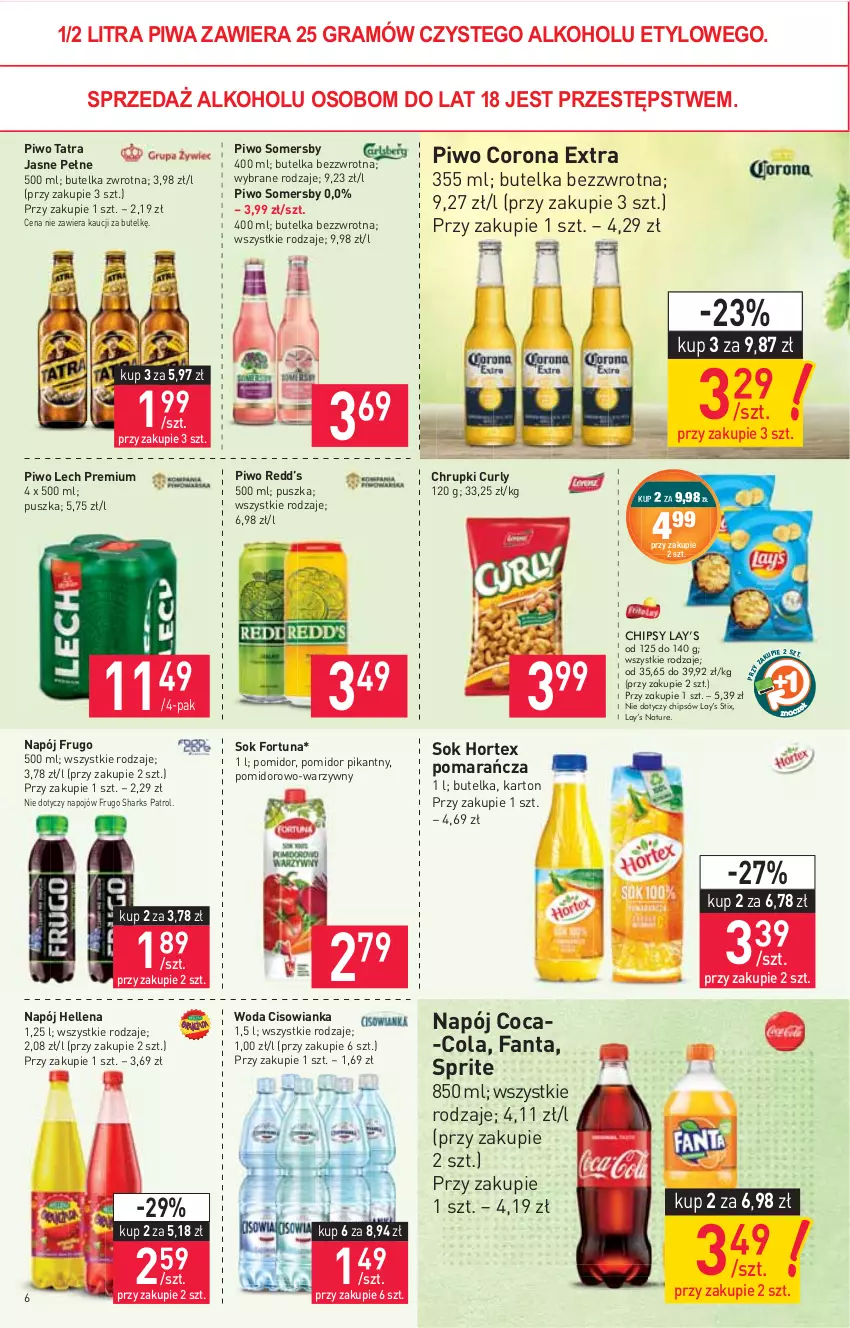 Gazetka promocyjna Stokrotka - Market - ważna 22.04 do 28.04.2021 - strona 6 - produkty: Chipsy, Chrupki, Cisowianka, Coca-Cola, Corona Extra, Fa, Fanta, Fortuna, Gra, Hellena, Hortex, Lay’s, Lech Premium, Napój, Piwa, Piwo, Sok, Somersby, Sprite, Tatra, Woda