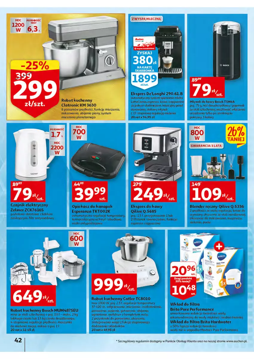 Gazetka promocyjna Auchan - Włoska kuchnia jest w cenie Hipermarkety - ważna 05.05 do 11.05.2022 - strona 42 - produkty: Blender, Blender ręczny, Bosch, Brit, Brita, Cappuccino, Czajnik, Kawa, Majonez, Maszynka, Mikser, Młynek, Młynek do kawy, Noż, Opiekacz do kanapek, Pojemnik, Por, Pur, Robot, Ser, Szynka, Top, Zelmer