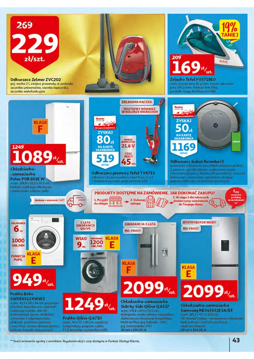 Gazetka promocyjna Auchan - Włoska kuchnia jest w cenie Hipermarkety - ważna 05.05 do 11.05.2022 - strona 43 - produkty: Akumulator, Beko, Chłodziarka, Fa, Gra, Grunt, IRobot, Kosz, Odkurzacz, Odkurzacz bezprzewodowy, Por, Pralka, Robot, Roomba, Samsung, Sport, Tefal, Top, Ubrania, Wełna, Zamrażarka