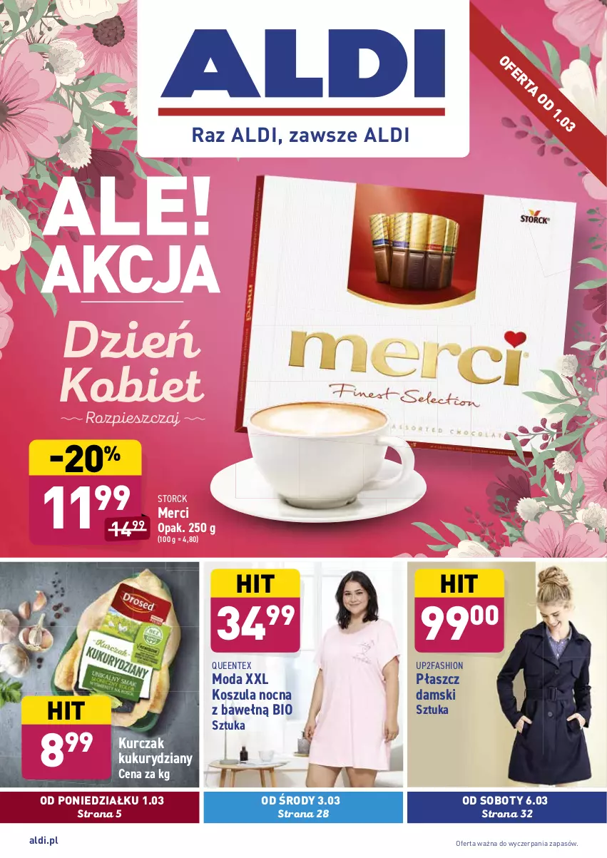 Gazetka promocyjna Aldi - ALE! CENA w ALDI - ważna 01.03 do 13.03.2021 - strona 1 - produkty: Fa, Kosz, Koszula, Koszula nocna, Kurczak, Merci, Moda, Płaszcz, Queentex