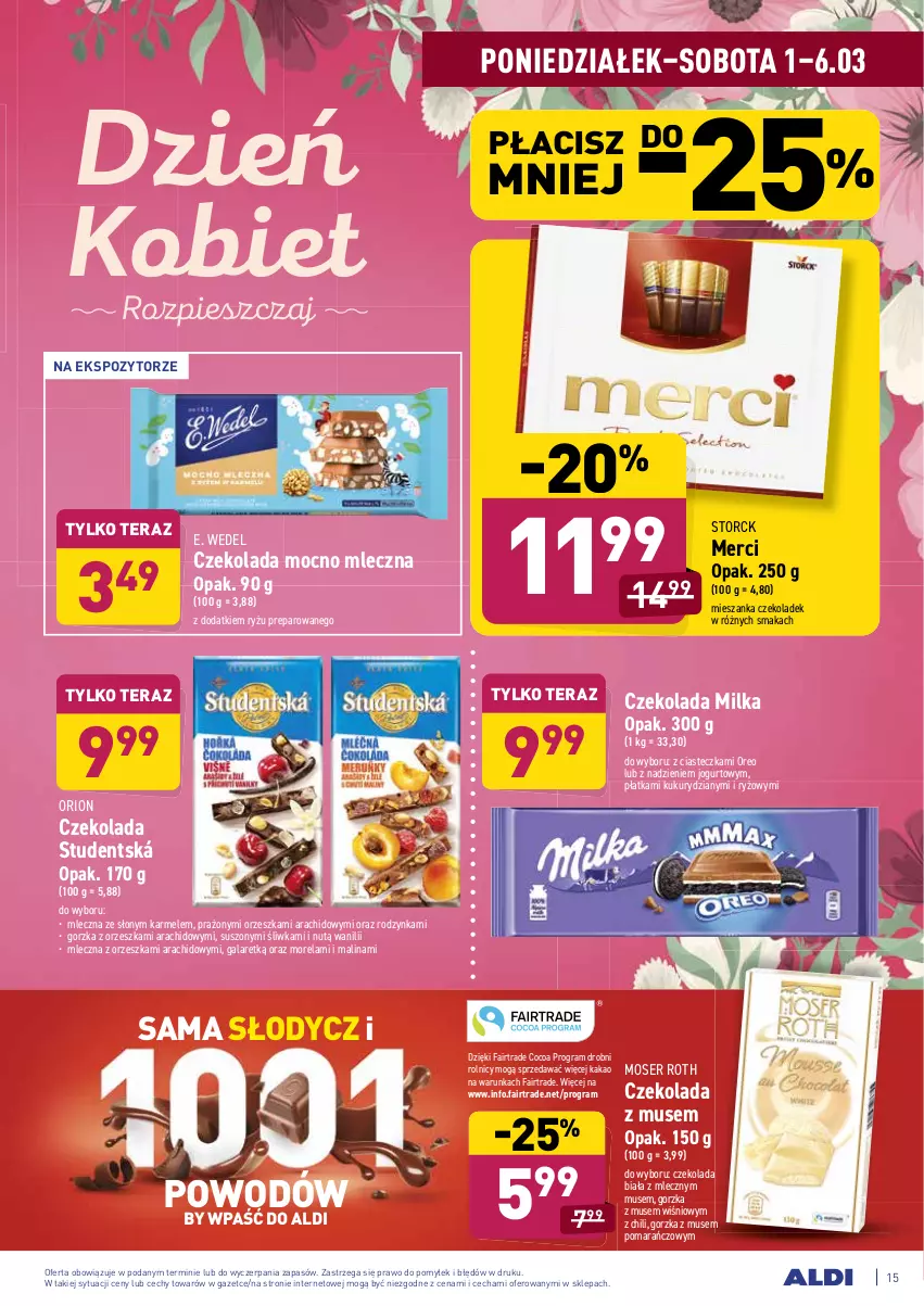 Gazetka promocyjna Aldi - ALE! CENA w ALDI - ważna 01.03 do 13.03.2021 - strona 15 - produkty: Czekolada, E. Wedel, Fa, Gala, Gra, Jogurt, Kakao, Merci, Milka, Morela, Moser Roth, Mus, Oreo, Ryż, Ser, Tera