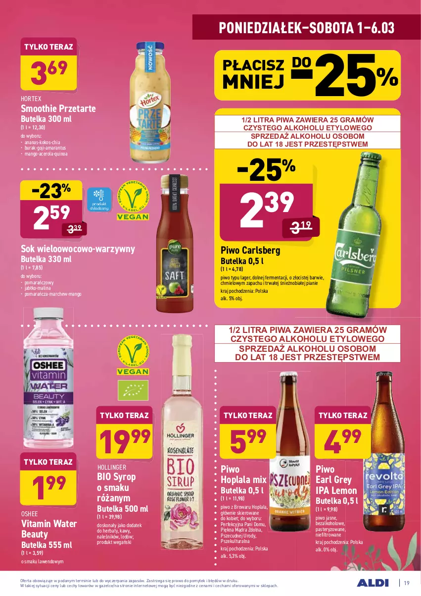 Gazetka promocyjna Aldi - ALE! CENA w ALDI - ważna 01.03 do 13.03.2021 - strona 19 - produkty: Acer, Ananas, Carlsberg, Chia, Earl Grey, Gra, Hortex, Kokos, Mango, Oshee, Piwa, Piwo, Piwo jasne, Quinoa, Róża, Smoothie, Sok, Syrop, Tera