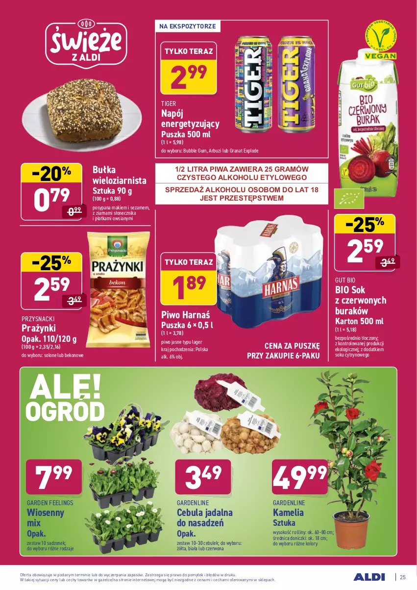 Gazetka promocyjna Aldi - ALE! CENA w ALDI - ważna 01.03 do 13.03.2021 - strona 25 - produkty: Arbuz, Beko, Bułka, Bułka wieloziarnista, Cebula, Gra, Granat, Harnaś, Napój, O nas, Piwa, Piwo, Piwo jasne, Przysnacki, Sezam, Sok, Tera, Tiger