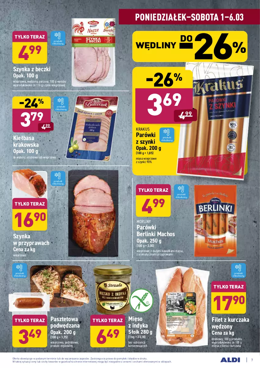 Gazetka promocyjna Aldi - ALE! CENA w ALDI - ważna 01.03 do 13.03.2021 - strona 7 - produkty: Berlinki, Kawa, Kiełbasa, Kiełbasa krakowska, Krakus, Kurczak, Mięso, Mięso wieprzowe, Mięso z indyka, Morliny, Parówki, Parówki z szynki, Pasztet, Ser, Szynka, Szynka z beczki, Tera