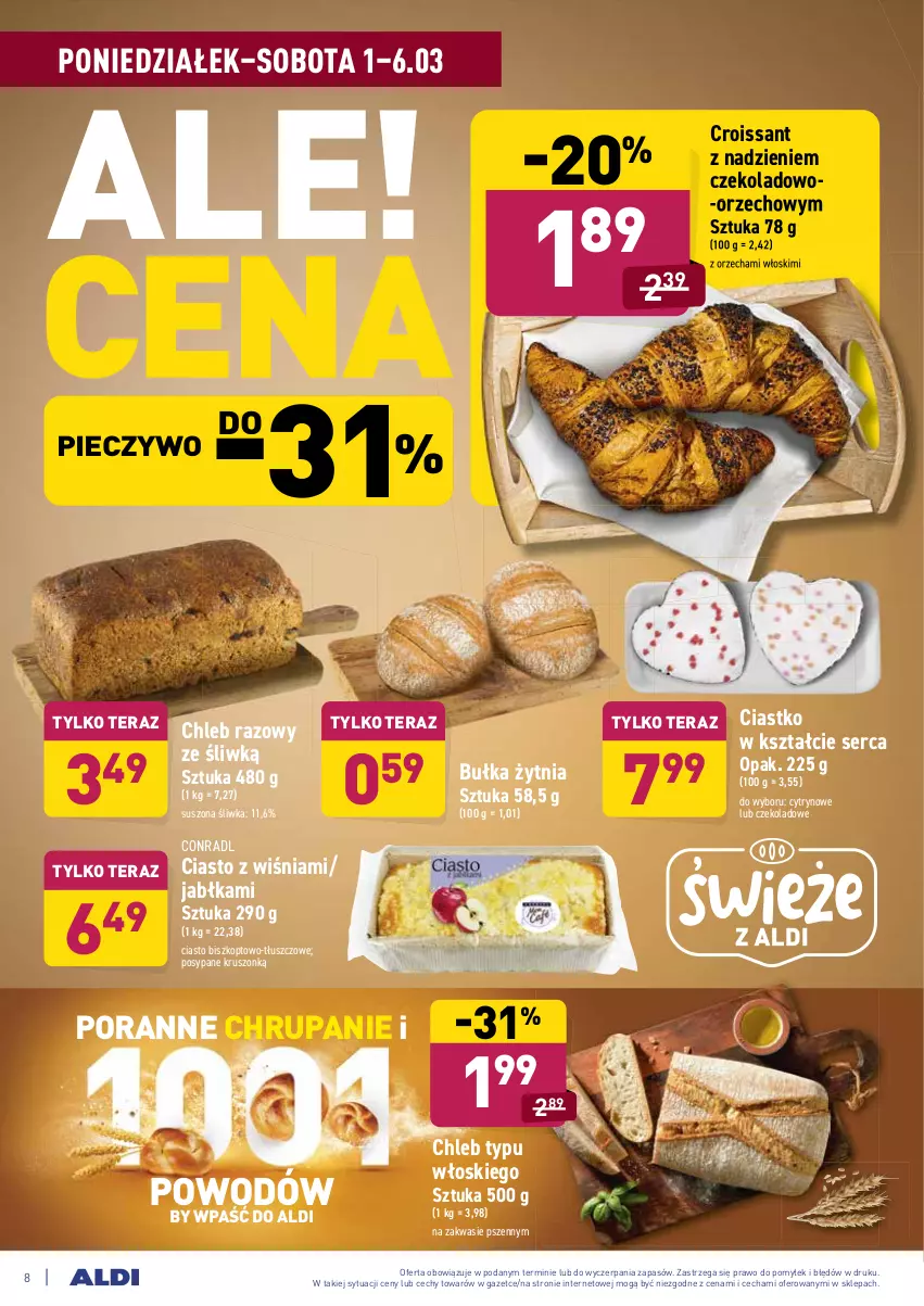 Gazetka promocyjna Aldi - ALE! CENA w ALDI - ważna 01.03 do 13.03.2021 - strona 8 - produkty: Bułka, Chleb, Chleb typu włoskiego, Croissant, Jabłka, Piec, Pieczywo, Por, Ser, Tera