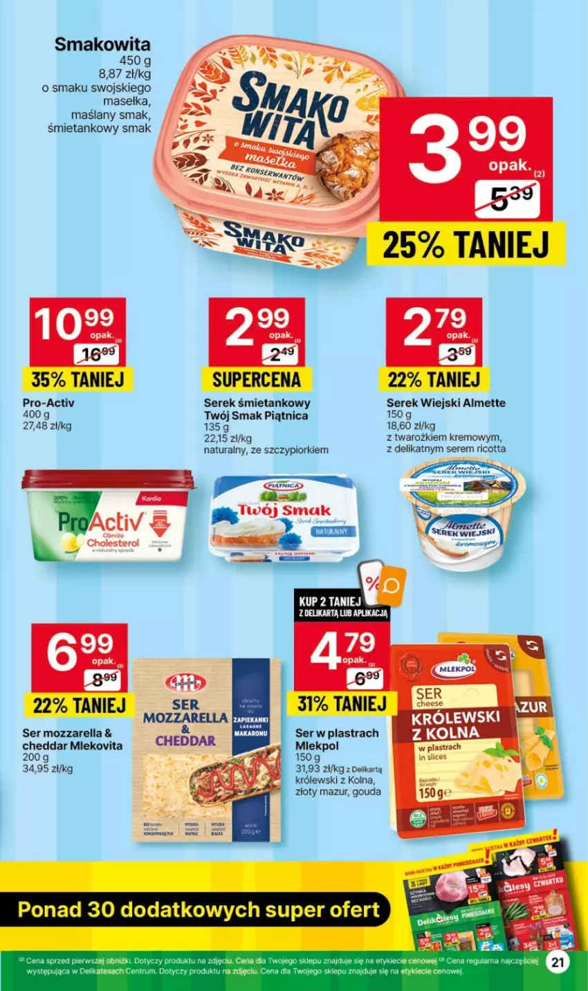 Gazetka promocyjna Delikatesy Centrum - Gazetka DC40 czw-sr - ważna 12.10 do 18.10.2023 - strona 21 - produkty: Almette, Cheddar, Gouda, Królewski, Mleko, Mlekovita, Mozzarella, Piątnica, Ricotta, Rum, Ser, Serek, Serek wiejski, Smakowita, Twój Smak, Złoty Mazur