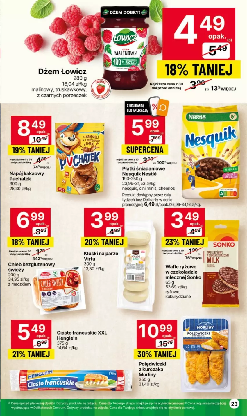 Gazetka promocyjna Delikatesy Centrum - Gazetka DC40 czw-sr - ważna 12.10 do 18.10.2023 - strona 23 - produkty: Cheerios, Ciasto francuskie, Cini Minis, Danio, Dżem, Kakao, Kurczak, Morliny, Napój, Nesquik, Polędwiczki z kurczaka, Por, Ryż