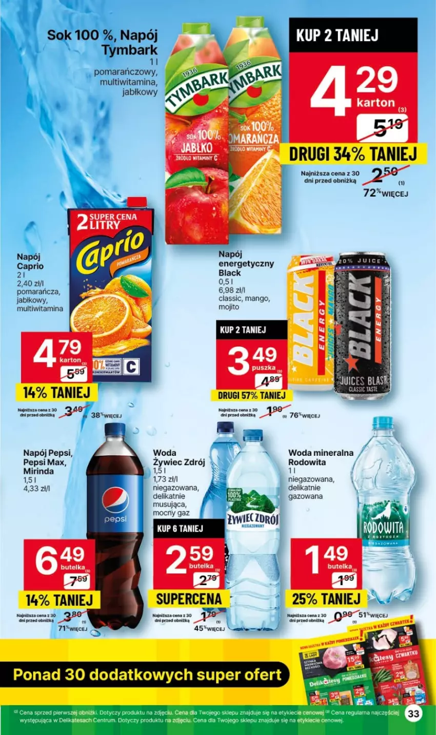 Gazetka promocyjna Delikatesy Centrum - Gazetka DC40 czw-sr - ważna 12.10 do 18.10.2023 - strona 33 - produkty: Lack, Mango, Mirinda, Mus, Napój, Napój energetyczny, Pepsi, Pepsi max, Sok, Tymbark, Woda, Woda mineralna