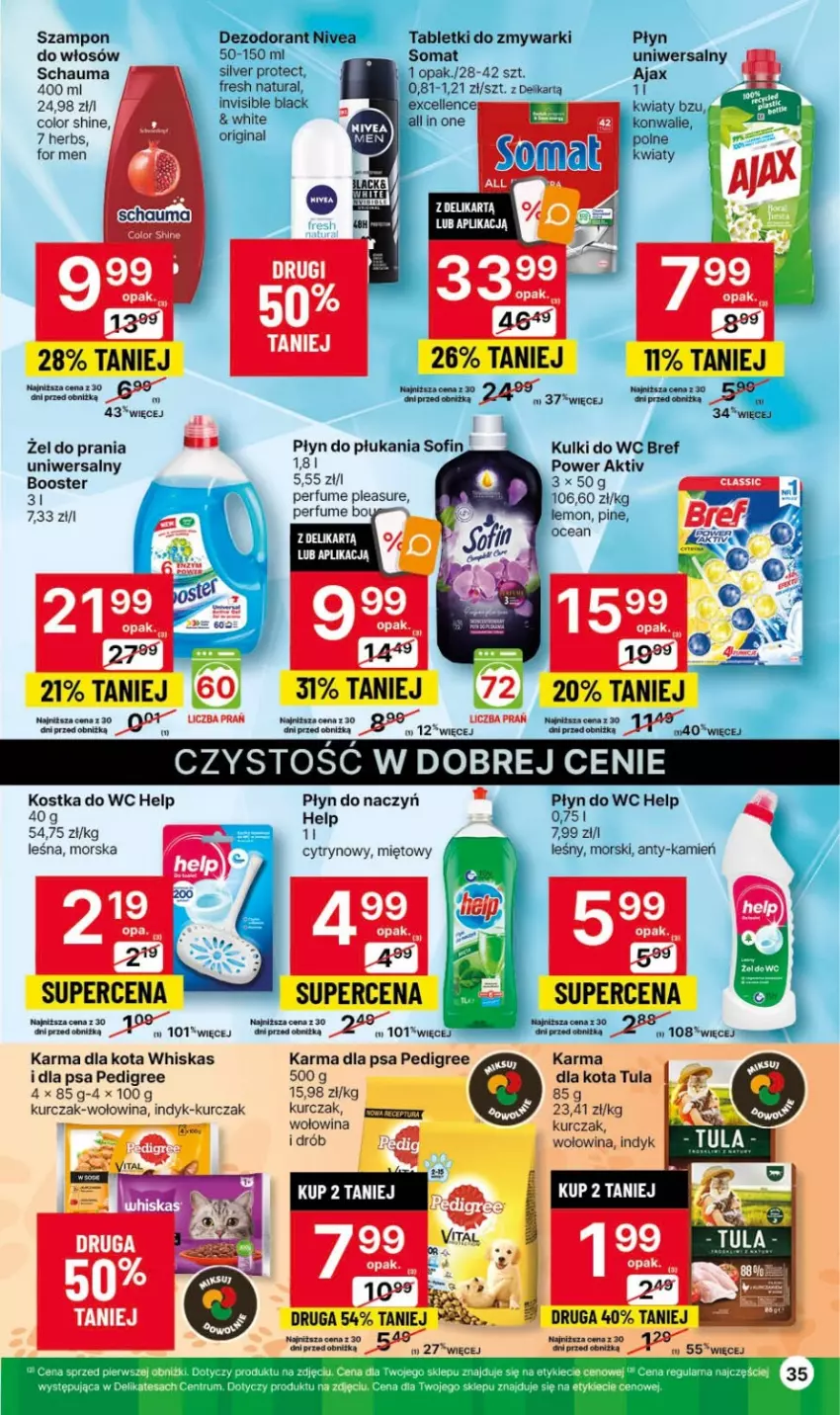 Gazetka promocyjna Delikatesy Centrum - Gazetka DC40 czw-sr - ważna 12.10 do 18.10.2023 - strona 35 - produkty: Ajax, Booster, Bref, Dezodorant, Drób, Gin, Kostka do wc, Kulki do wc, Kurczak, Lack, Nivea, Pedigree, Perfum, Płyn do płukania, Płyn do wc, Schauma, Somat, Szampon, Tablet, Tabletki do zmywarki, Whiskas, Wołowina, Zmywarki