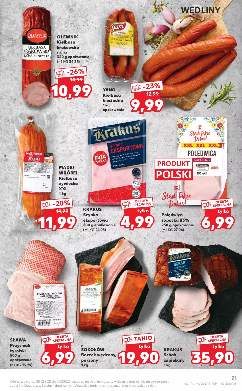 Gazetka promocyjna Kaufland - OFERTA TYGODNIA - ważna 25.02 do 03.03.2021 - strona 21 - produkty: Boczek, Kiełbasa, Kiełbasa biesiadna, Kiełbasa krakowska, Krakus, Madej Wróbel, Olewnik, Polędwica, Por, Sok, Sokołów, Sport, Szynka