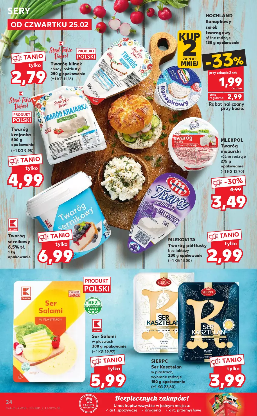 Gazetka promocyjna Kaufland - OFERTA TYGODNIA - ważna 25.02 do 03.03.2021 - strona 24 - produkty: Hochland, Kasztelan, Mleko, Mlekovita, Piec, Salami, Ser, Ser Kasztelan, Ser salami, Serek, Serek twarogowy, Twaróg, Twaróg półtłusty