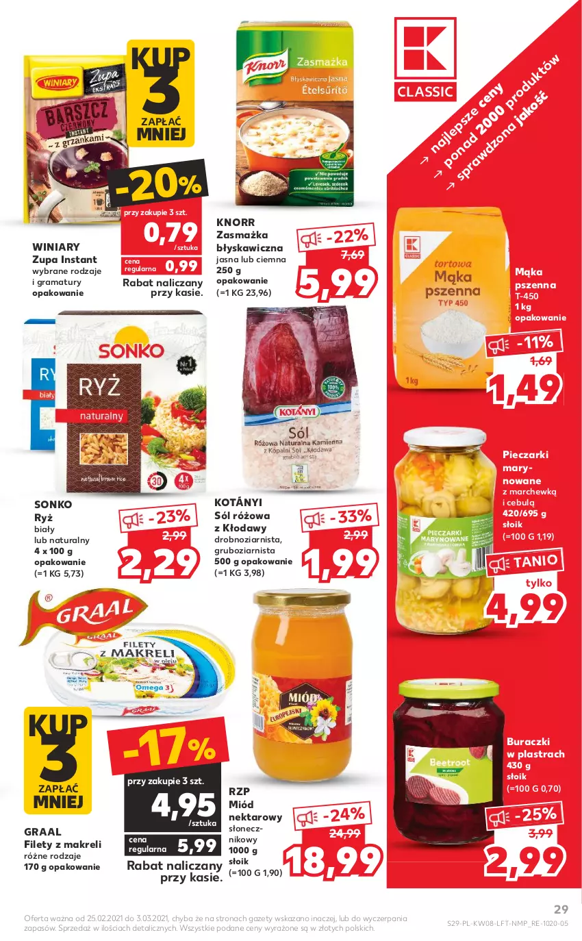 Gazetka promocyjna Kaufland - OFERTA TYGODNIA - ważna 25.02 do 03.03.2021 - strona 29 - produkty: Buraczki, Gra, Graal, Knorr, Kotányi, Mąka, Mąka pszenna, Miód, Nektar, Piec, Rama, Ryż, Ryż biały, Sól, Sonko, Winiary, Zupa