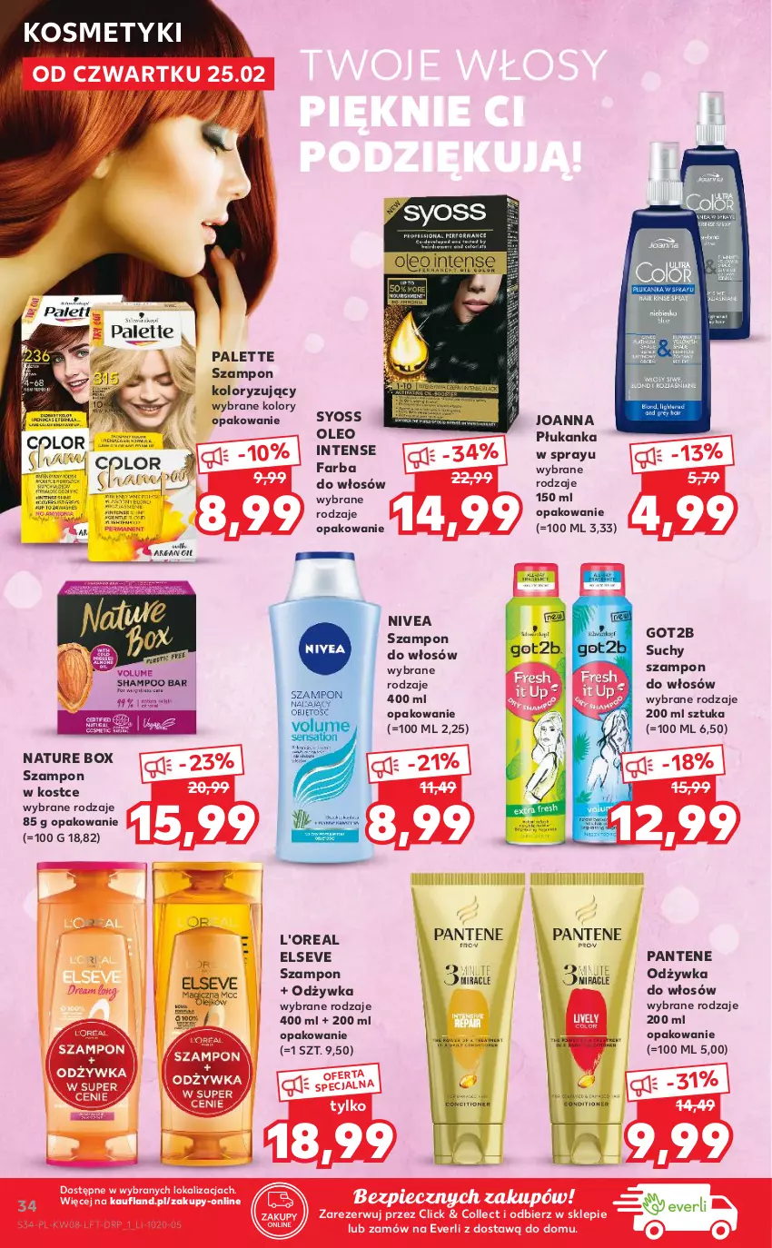 Gazetka promocyjna Kaufland - OFERTA TYGODNIA - ważna 25.02 do 03.03.2021 - strona 34 - produkty: Elseve, Fa, Farba do włosów, Got2b, Joanna, Nature Box, Nivea, Odżywka, Oleo, Palette, Pantene, Piec, Suchy szampon, Syoss, Szampon