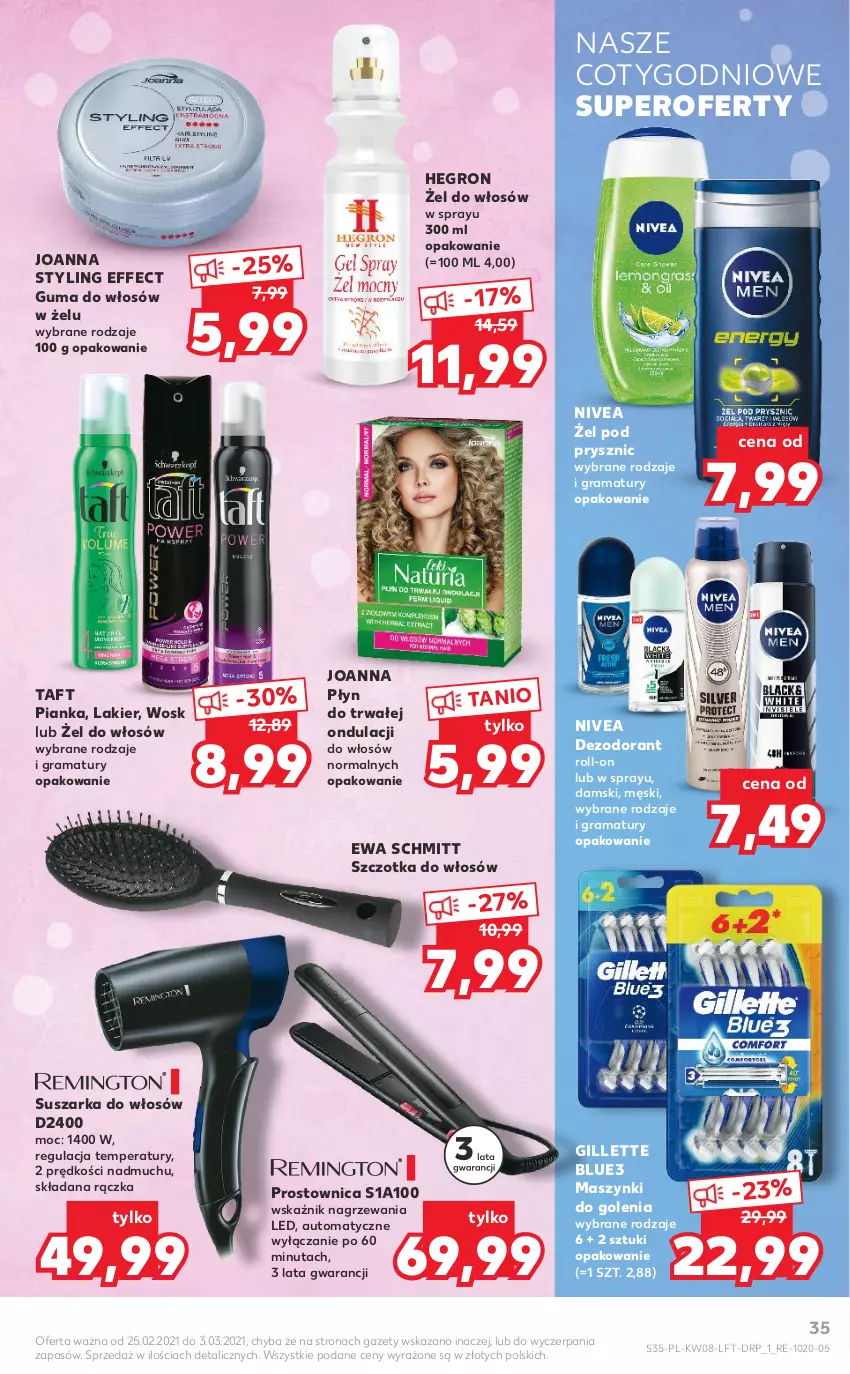 Gazetka promocyjna Kaufland - OFERTA TYGODNIA - ważna 25.02 do 03.03.2021 - strona 35 - produkty: Dezodorant, Ewa Schmitt, Gillette, Gra, Hegron, Joanna, Joanna styling, Lakier, Nivea, Rama, Suszarka, Szczotka, Szczotka do włosów, Taft