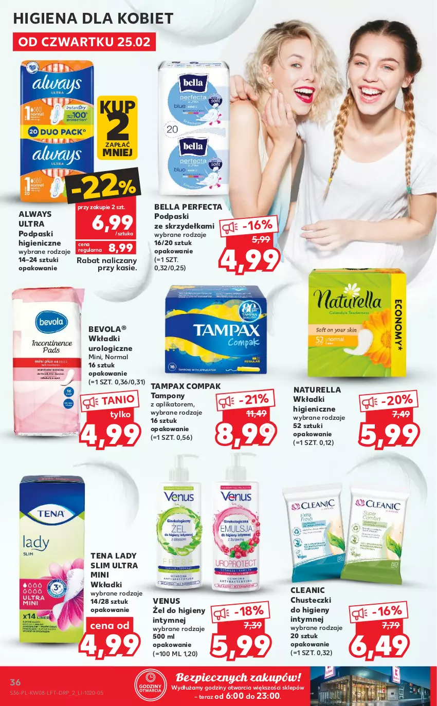 Gazetka promocyjna Kaufland - OFERTA TYGODNIA - ważna 25.02 do 03.03.2021 - strona 36 - produkty: Always, Always Ultra, Bell, Bella, Chusteczki, Chusteczki do higieny, Cleanic, Naturell, Naturella, Pax, Perfecta, Piec, Podpaski, Podpaski ze skrzydełkami, Tampax, Tampony, Tera, Venus, Wkładki, Wkładki urologiczne