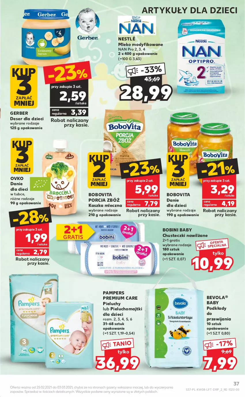 Gazetka promocyjna Kaufland - OFERTA TYGODNIA - ważna 25.02 do 03.03.2021 - strona 37 - produkty: BoboVita, Chusteczki, Danie dla dzieci, Deser, Dzieci, Gerber, Gra, Majtki, Mleko, Mleko modyfikowane, Nestlé, Pampers, Pieluchomajtki, Pieluchy, Podkład, Por, Ser