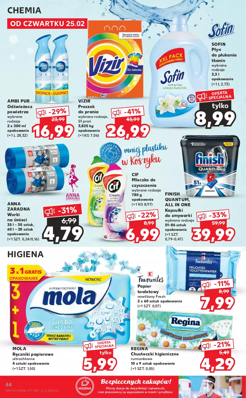 Gazetka promocyjna Kaufland - OFERTA TYGODNIA - ważna 25.02 do 03.03.2021 - strona 44 - produkty: Ambi Pur, BIC, Chusteczki, Cif, Finish, Gin, Gra, Mleczko, Mola, Odświeżacz powietrza, Papier, Papier toaletowy, Piec, Płyn do płukania, Proszek do prania, Pur, Ręcznik, Ręczniki papierowe, Rum, Vizir, Worki na śmiec, Worki na śmieci, Zmywarki