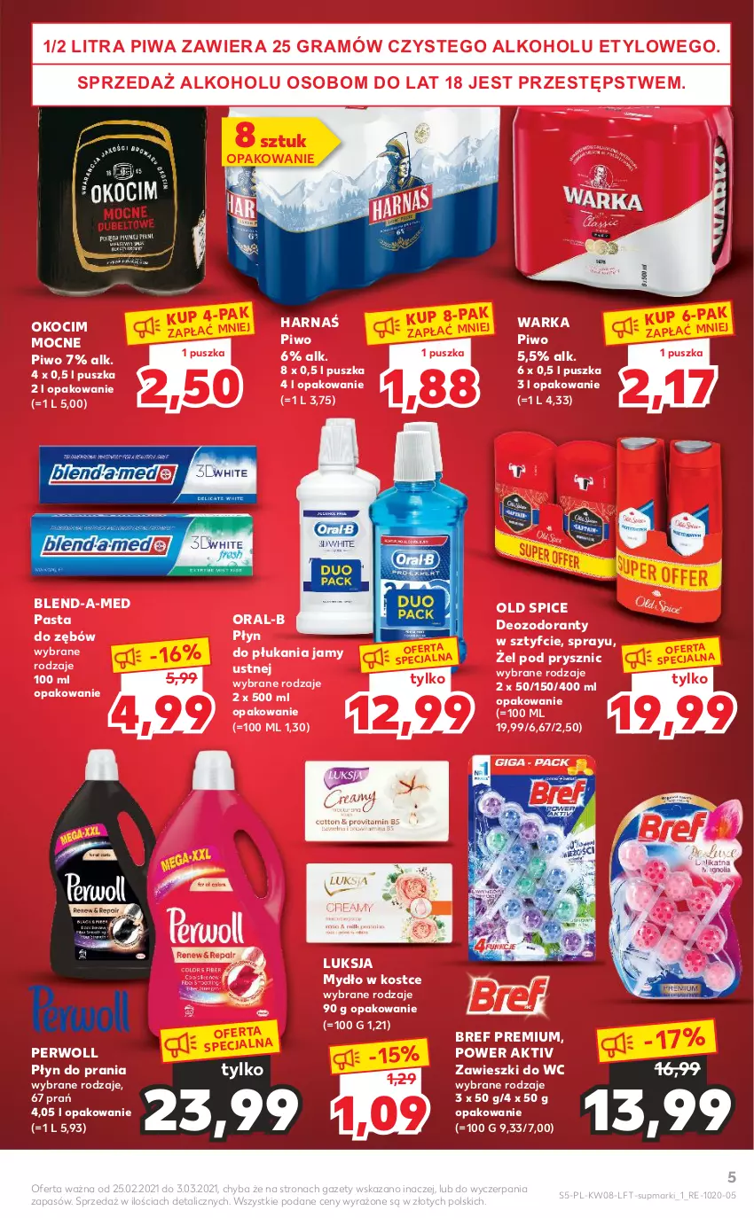 Gazetka promocyjna Kaufland - OFERTA TYGODNIA - ważna 25.02 do 03.03.2021 - strona 5 - produkty: Blend-a-Med, Bref, Gra, Harnaś, Koc, Luksja, Mydło, Okocim, Old Spice, Pasta do zębów, Perwoll, Piwa, Piwo, Płyn do płukania, Płyn do płukania jamy ustnej, Płyn do prania, Warka, Zawieszki