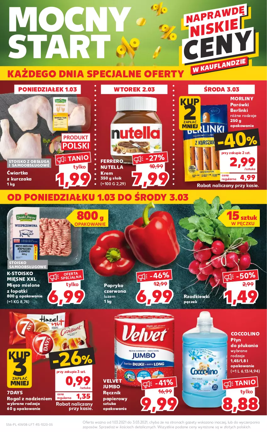 Gazetka promocyjna Kaufland - OFERTA TYGODNIA - ważna 25.02 do 03.03.2021 - strona 56 - produkty: Berlinki, Coccolino, Ferrero, Kurczak, Mięso, Mięso mielone, Morliny, Nutella, Papier, Papryka, Papryka czerwona, Parówki, Płyn do płukania, Ręcznik, Rogal, Velvet