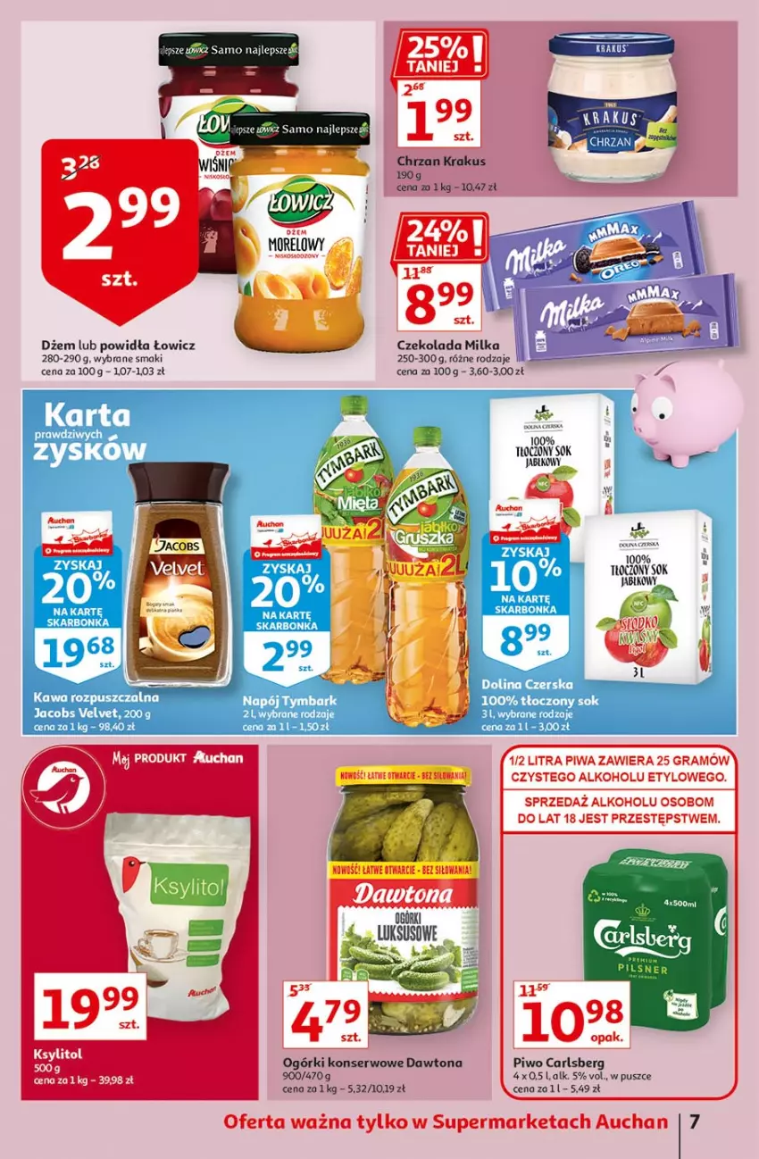 Gazetka promocyjna Auchan - Więcej za mniej Sueprmarkety - ważna 11.03 do 17.03.2021 - strona 7 - produkty: Carlsberg, Chrzan, Czekolada, Dawtona, Dżem, Fa, Jacobs, Jacobs Velvet, Kawa, Kawa rozpuszczalna, Krakus, Milka, Napój, Ogórki konserwowe, Piwo, Por, Ser, Sok, Tymbark, Velvet