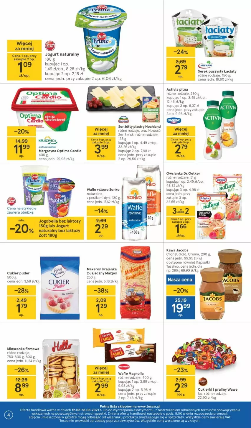 Gazetka promocyjna Tesco - Tesco gazetka - przyszły tydzień - ważna 12.08 do 18.08.2021 - strona 4 - produkty: Activia, Bell, Bella, Jacobs, Jogobella, Jogurt, Jogurt naturalny, Kawa, Margaryna, Optima, Optima Cardio, Owsianka, Puder, Ryż, Ser, Serek, Serek puszysty, Sonko, STP, Wafle