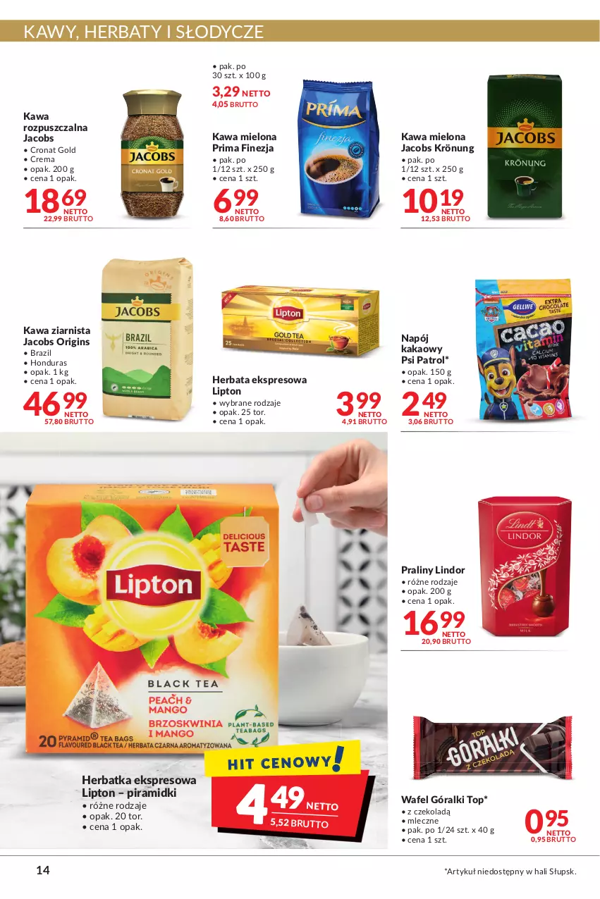 Gazetka promocyjna Makro - [Oferta promocyjna] Artykuły spożywcze i przemysłowe - ważna 09.08 do 22.08.2022 - strona 14 - produkty: Gin, Góralki, Herbata, Jacobs, Jacobs Krönung, Kakao, Kawa, Kawa mielona, Kawa rozpuszczalna, Kawa ziarnista, Lindor, Lipton, Napój, Praliny, Prima, Psi Patrol, Top