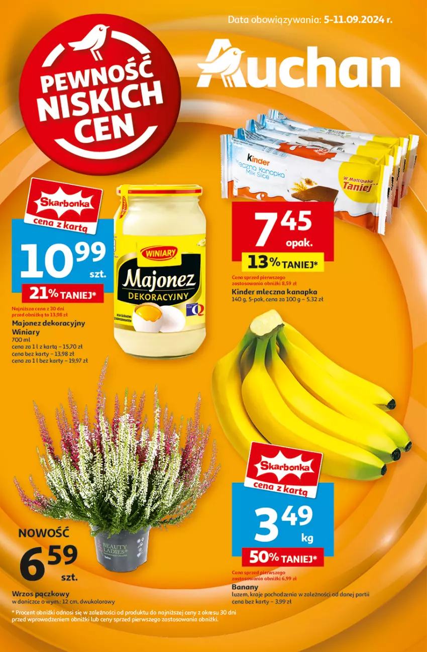 Gazetka promocyjna Auchan - Gazetka Pewność Niskich Cen Hipermarket Auchan - ważna 05.09 do 11.09.2024 - strona 1 - produkty: Kinder, Majonez, Winiary