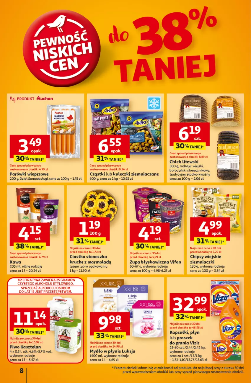 Gazetka promocyjna Auchan - Gazetka Pewność Niskich Cen Hipermarket Auchan - ważna 05.09 do 11.09.2024 - strona 10 - produkty: Chipsy, Chleb, Ciastka, Gra, Kasztelan, Kawa, Luksja, Mola, Mydło, Mydło w płynie, Parówki, Piwa, Piwo, Vizir, Zupa