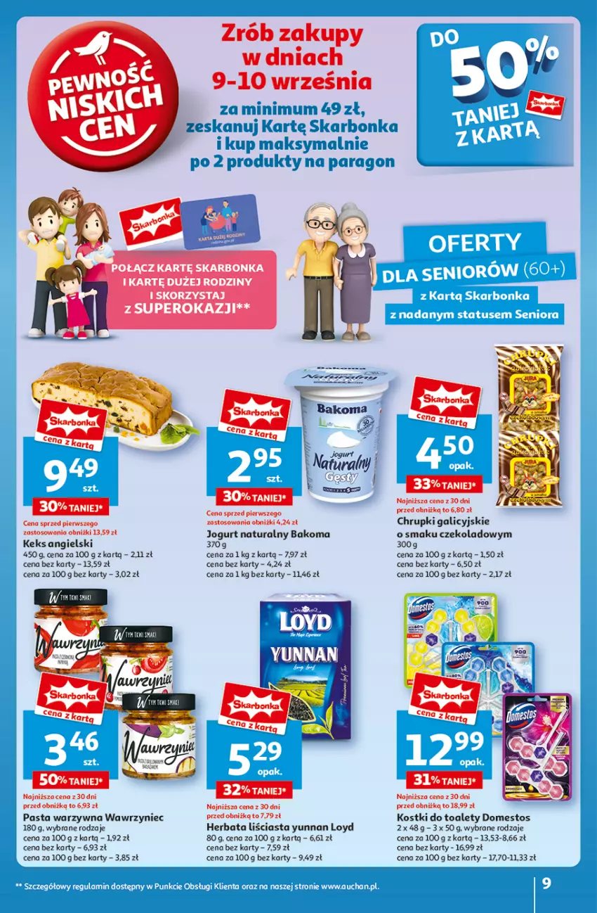 Gazetka promocyjna Auchan - Gazetka Pewność Niskich Cen Hipermarket Auchan - ważna 05.09 do 11.09.2024 - strona 11 - produkty: Bakoma, Chrupki, Domestos, Herbata, Jogurt, Jogurt naturalny, Loyd, Pasta warzywna, Ser, Serek