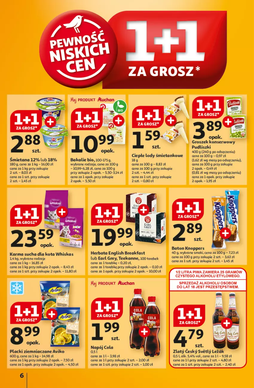 Gazetka promocyjna Auchan - Gazetka Pewność Niskich Cen Hipermarket Auchan - ważna 05.09 do 11.09.2024 - strona 6 - produkty: Baton, Ciepłe lody, Earl Grey, Fa, Groszek, Herbata, Knoppers, Lack, Lody, Napój, Pudliszki, Teekanne, Whiskas