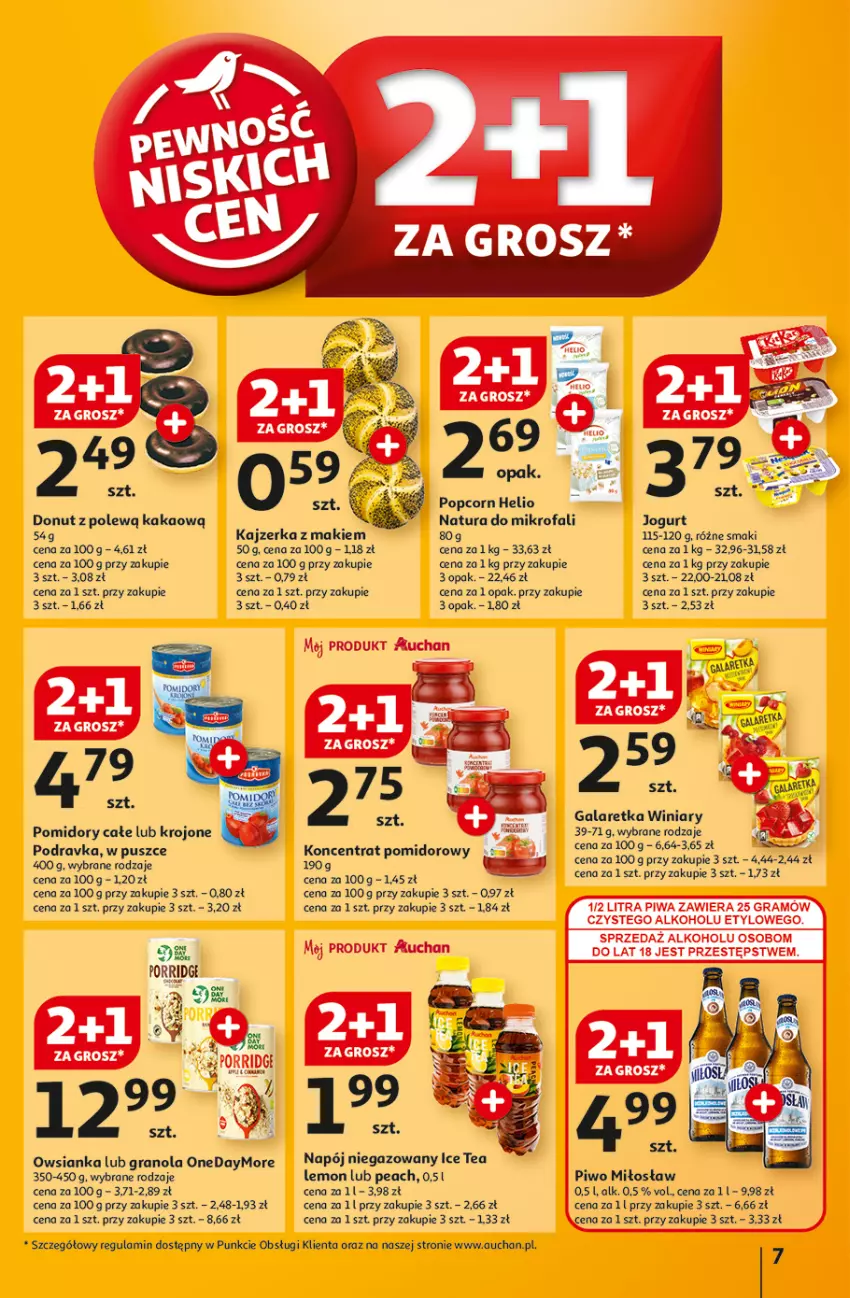 Gazetka promocyjna Auchan - Gazetka Pewność Niskich Cen Hipermarket Auchan - ważna 05.09 do 11.09.2024 - strona 7 - produkty: Donut, Fa, Gala, Galaretka, Gra, Granola, Helio, Ice tea, Jogurt, Kajzerka, Kakao, Koncentrat pomidorowy, Napój, Napój niegazowany, Owsianka, Piwo, Podravka, Pomidory, Popcorn, Por, Winiary