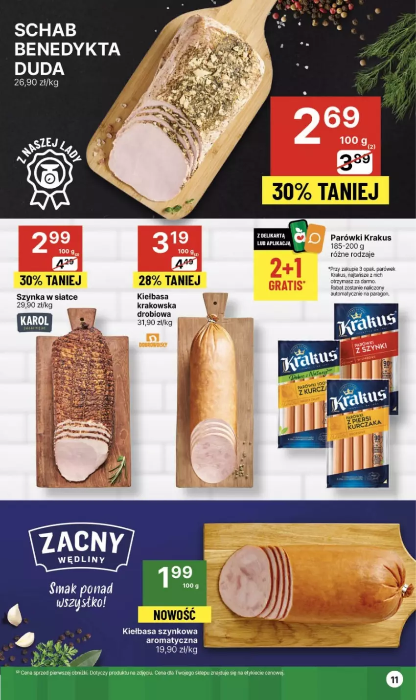 Gazetka promocyjna Delikatesy Centrum - NOWA GAZETKA Delikatesy Centrum od 7 marca! 7-13.03.2024 - ważna 07.03 do 13.03.2024 - strona 11 - produkty: Duda, Kiełbasa, Kiełbasa szynkowa, Krakus, Parówki, Schab Benedykta, Szynka