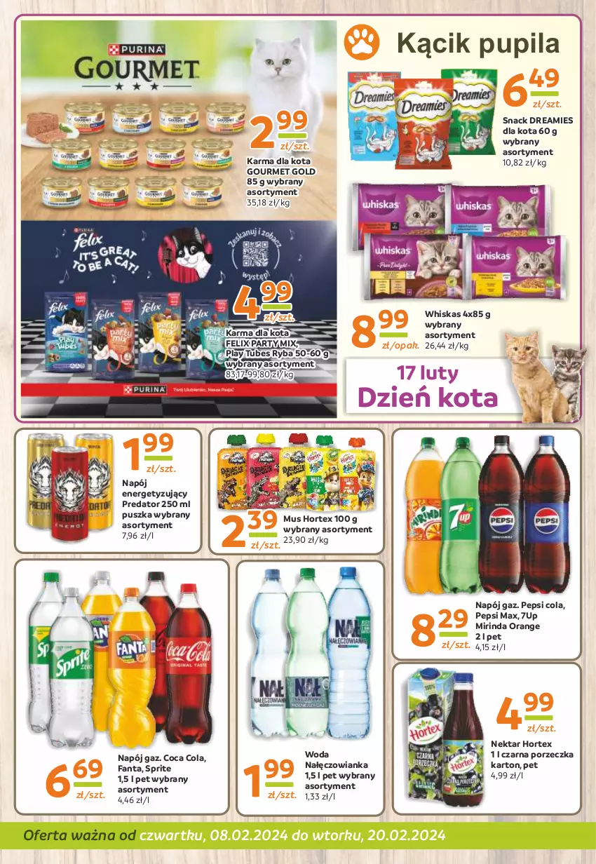 Gazetka promocyjna Gama - Gazetka Gama - ważna 08.02 do 20.02.2024 - strona 10 - produkty: 7up, Fa, Fanta, Felix, Gourmet Gold, Hortex, Mirinda, Mus, Nałęczowianka, Napój, Nektar, Pepsi, Pepsi max, Por, Ryba, Sprite, Whiskas, Woda