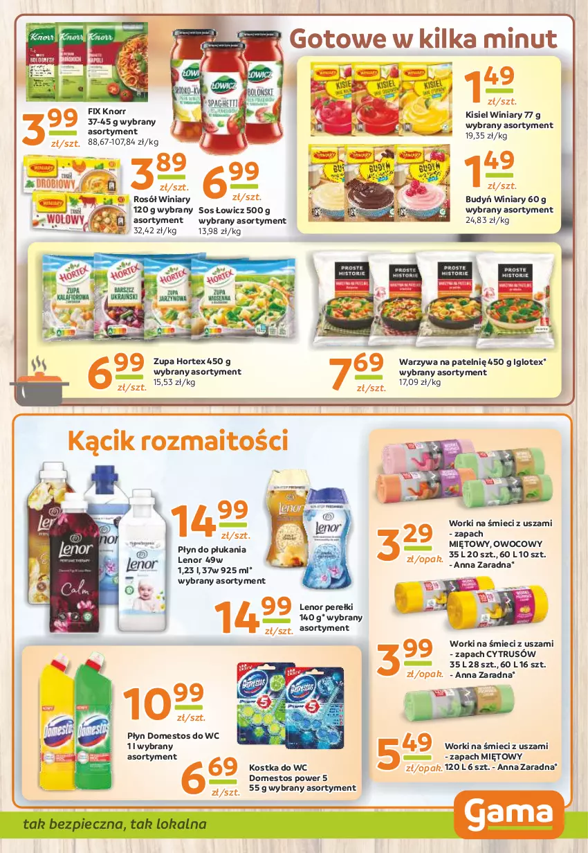 Gazetka promocyjna Gama - Gazetka Gama - ważna 08.02 do 20.02.2024 - strona 9 - produkty: Budyń, Domestos, Hortex, Kisiel, Knorr, Kostka do wc, Lenor, Piec, Płyn do płukania, Rosół, Sos, Warzywa, Winiary, Worki na śmiec, Worki na śmieci, Zupa