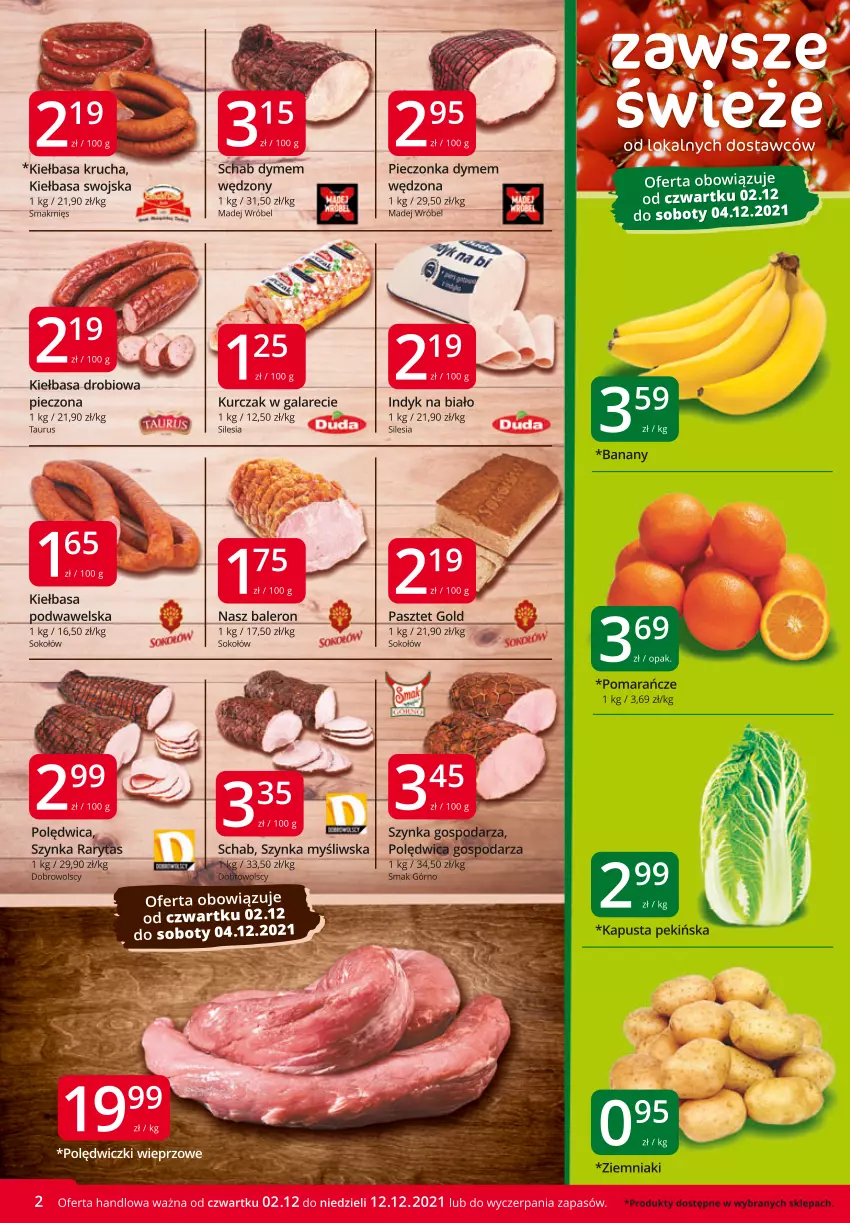 Gazetka promocyjna Market Vita - Gazetka promocyjna – Marketvita - ważna 02.12 do 12.12.2021 - strona 2 - produkty: Gala, Kiełbasa, Kiełbasa krucha, Kiełbasa podwawelska, Kurczak, Madej Wróbel, Pasztet, Piec, Polędwica, Pomarańcze, Sok, Sokołów, Szynka, Wawel, Ziemniaki