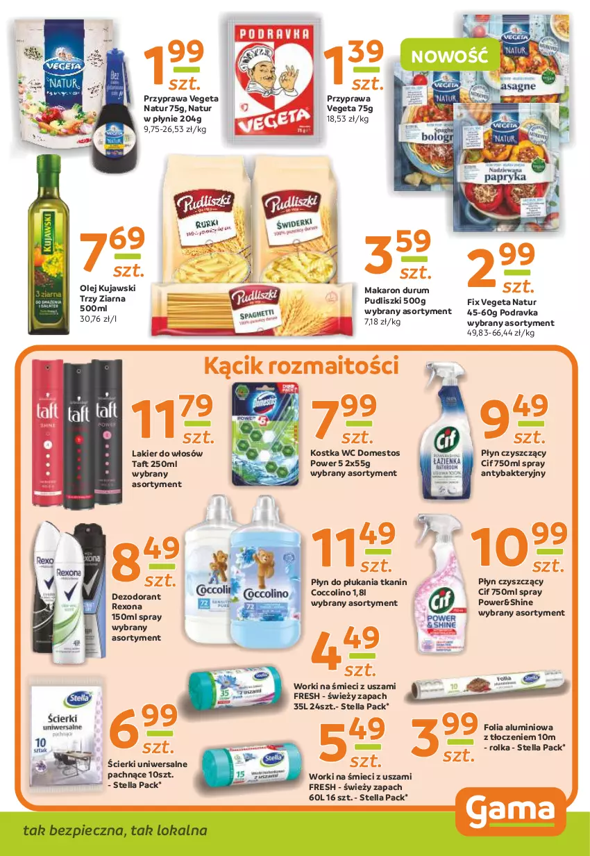 Gazetka promocyjna Gama - Gazetka Gama - ważna 22.07 do 02.08.2021 - strona 9 - produkty: Cif, Coccolino, Dezodorant, Domestos, Folia aluminiowa, Kujawski, Lakier, Lakier do włosów, Makaron, Olej, Piec, Płyn do płukania, Podravka, Pudliszki, Rexona, Rum, Taft, Vegeta, Vegeta Natur, Worki na śmiec, Worki na śmieci