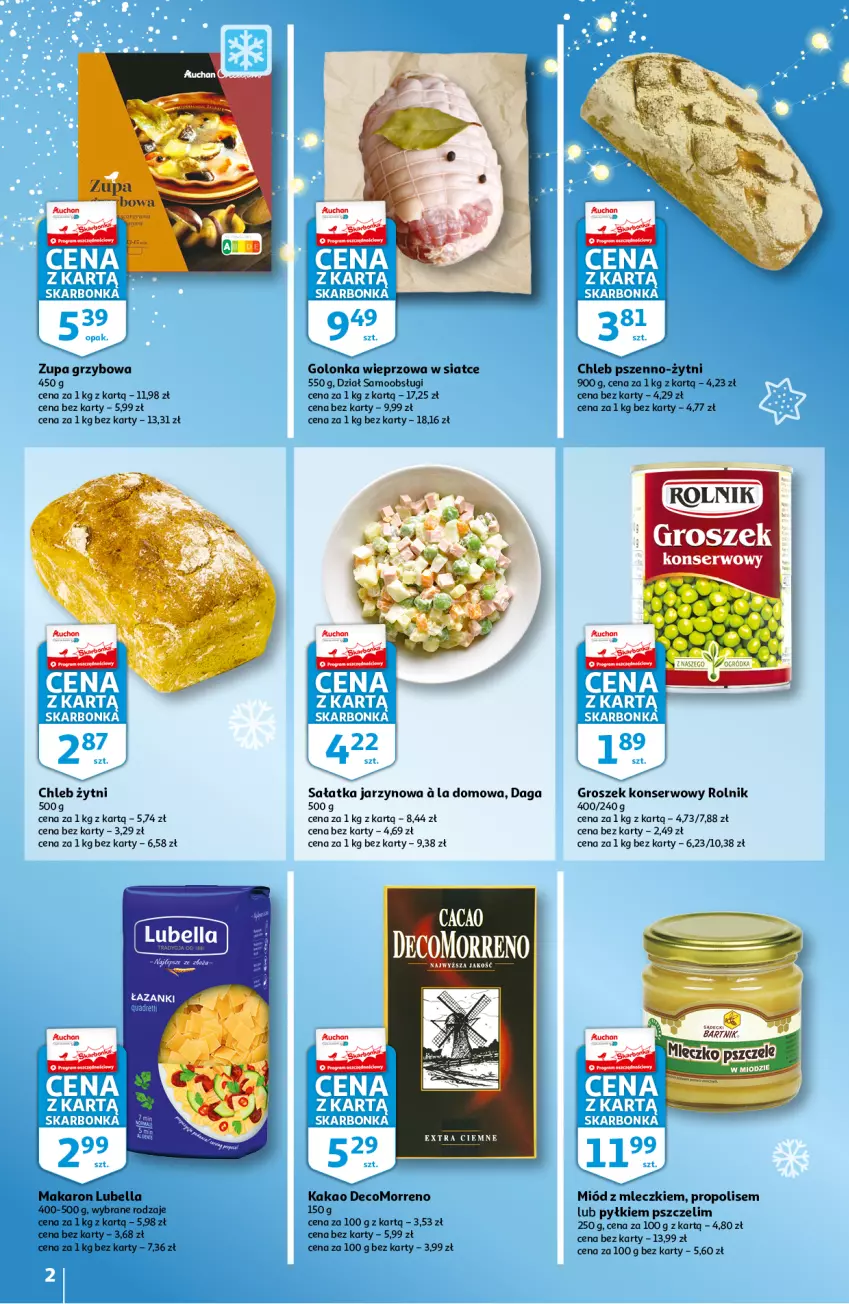 Gazetka promocyjna Auchan - Skarbonka #50 - ważna 16.12 do 24.12.2021 - strona 2 - produkty: Bell, Bella, Chleb, Golonka wieprzowa, Groszek, Kakao, Lubella, Makaron, Miód, Propolis, Rolnik, Sałat, Sałatka, Ser, Zupa