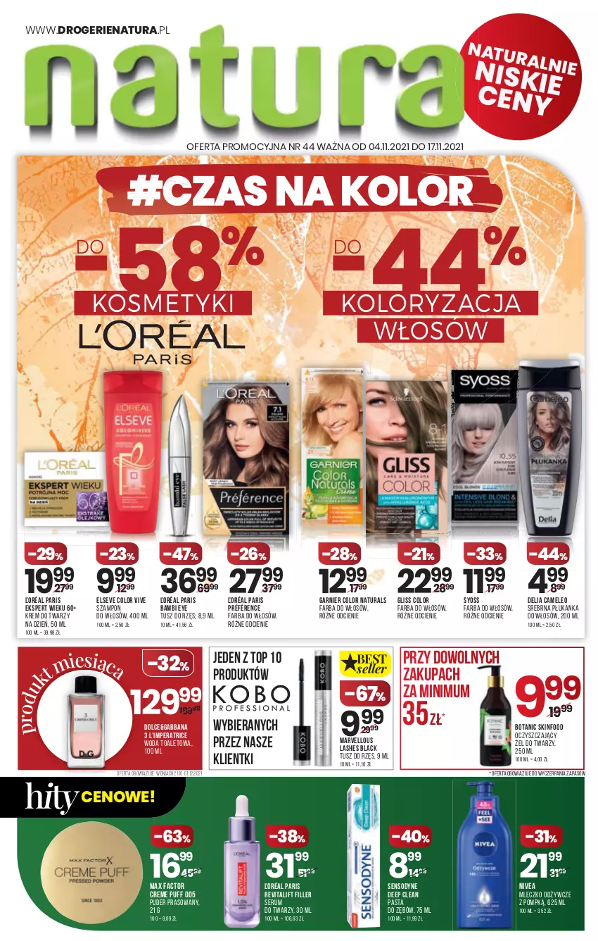 Gazetka promocyjna Drogerie Natura - Gazetka Drogerie Natura - ważna 04.11 do 17.11.2021 - strona 1 - produkty: Eleo, Elseve, Fa, Farba do włosów, Garnier, Krem do twarzy, Lack, Max Factor, Mleczko, Nivea, Pasta do zębów, Puder, Puder prasowany, Puf, Rum, Sensodyne, Ser, Serum, Serum do twarzy, SKINFOOD, Syoss, Szampon, Top, Tusz, Woda, Woda toaletowa