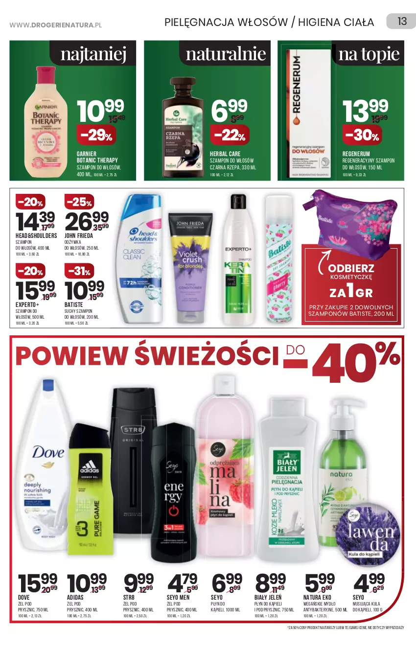 Gazetka promocyjna Drogerie Natura - Gazetka Drogerie Natura - ważna 04.11 do 17.11.2021 - strona 13 - produkty: Adidas, Batiste, Biały Jeleń, Dove, Garnier, John frieda, Kula do kąpieli, Mus, Mydło, Odżywka, Płyn do kąpieli, Rum, Str8, Suchy szampon, Szampon, Top