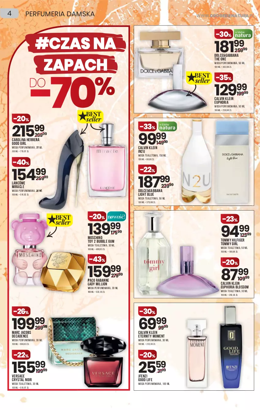 Gazetka promocyjna Drogerie Natura - Gazetka Drogerie Natura - ważna 04.11 do 17.11.2021 - strona 4 - produkty: Calvin Klein, Carolina Herrera, Jacobs, Lancôme, Lion, Moschino, Paco Rabanne, Perfum, The ONE, Versace, Woda, Woda perfumowana, Woda toaletowa