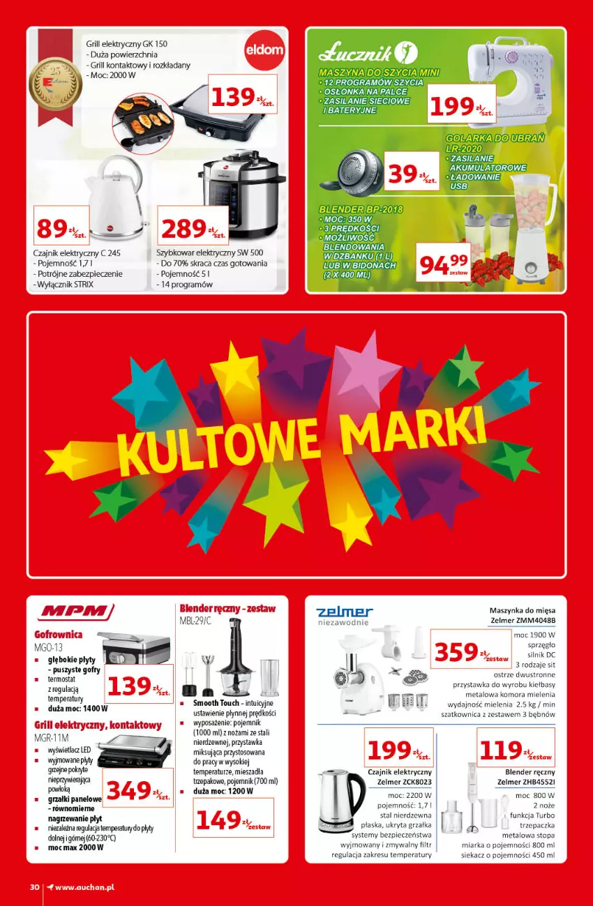 Gazetka promocyjna Auchan - Kultowe marki Hipermarkety - ważna 08.04 do 14.04.2021 - strona 30 - produkty: Blender, Blender ręczny, Czajnik, Czajnik elektryczny, Fa, Gofrownica, Gra, Grill, Grill kontaktowy, Grzałka, Maszynka, Miarka, Noż, Piec, Pojemnik, Sok, Szatkownica, Szybkowar, Szynka, Termos, Top, Trzepaczka, Zelmer