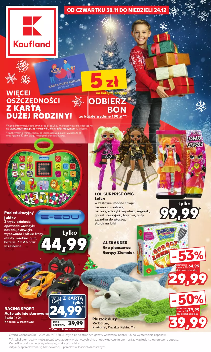 Gazetka promocyjna Kaufland - Kaufland - ważna 30.11 do 24.12.2023 - strona 1 - produkty: Buty, Gra, Kaczka, Kalendarz, Kolczyki, Lalka, Naszyjnik, Olej, Pluszak, Por, Quiz, Sport, Stojak, Szczotka, Szczotka do włosów, Torebka, Zegar, Zegarek