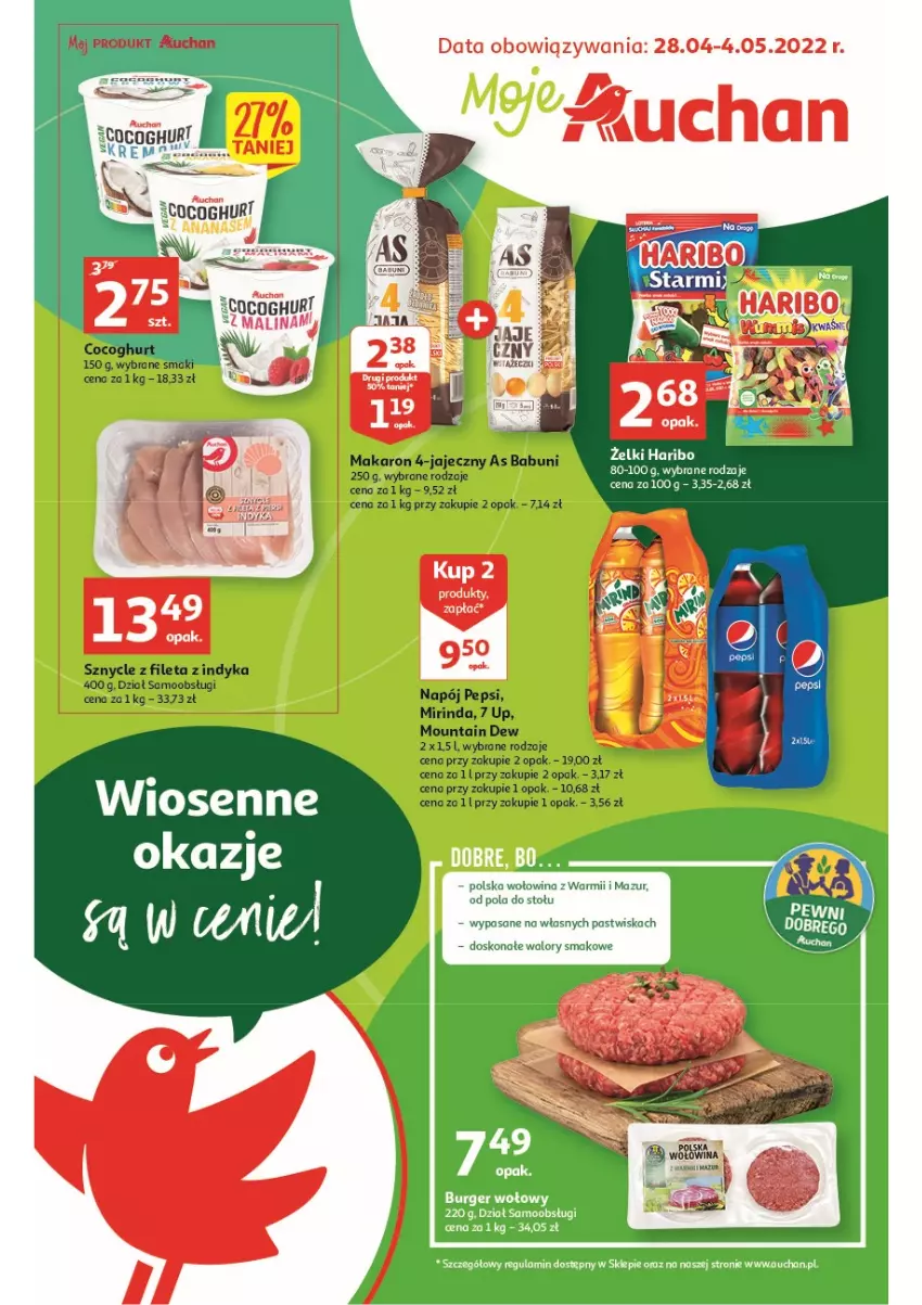 Gazetka promocyjna Auchan - Wiosenne okazje są w cenie Moje Auchan - ważna 28.04 do 04.05.2022 - strona 1 - produkty: Babuni, Koc, Makaron, Mirinda, Napój, Pepsi, Wołowina