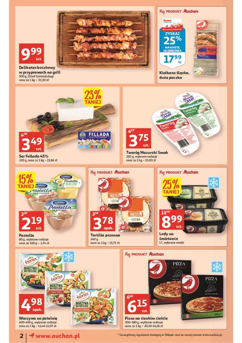 Gazetka promocyjna Auchan - Wiosenne okazje są w cenie Moje Auchan - ważna 28.04 do 04.05.2022 - strona 2 - produkty: Grill, Kiełbasa, Kiełbasa śląska, Pastella, Pizza, Ser, Tortilla, Twaróg, Warzywa