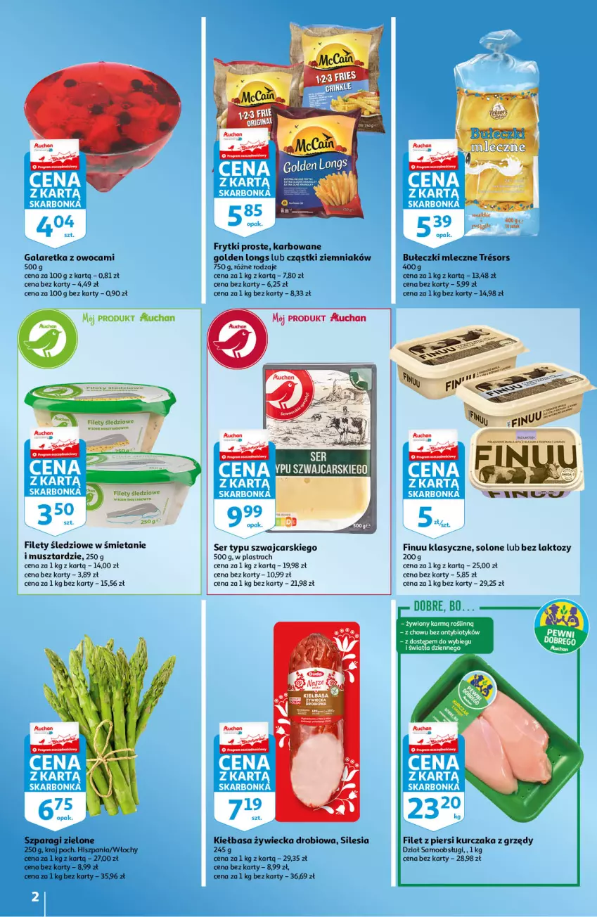 Gazetka promocyjna Auchan - Skarbonka - ważna 15.04 do 21.04.2021 - strona 2 - produkty: Bułeczki, Bułeczki mleczne, Cars, Filet z piersi kurczaka, Finuu, Frytki, Gala, Galaretka, Kiełbasa, Kurczak, Mus, Ser