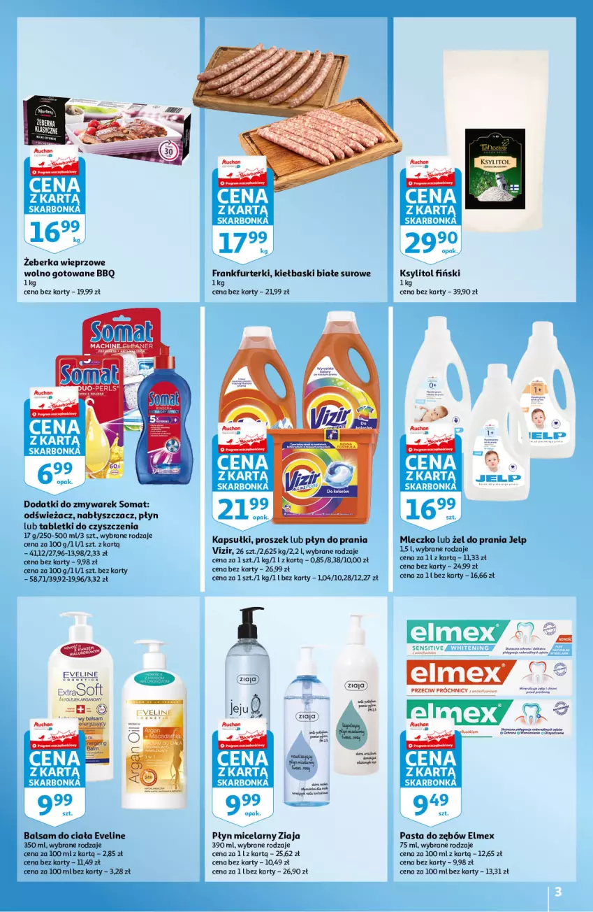 Gazetka promocyjna Auchan - Skarbonka - ważna 15.04 do 21.04.2021 - strona 3 - produkty: Balsam do ciała, Elmex, Eveline, Frankfurterki, Kiełbaski białe, Ksylitol, Miecz, Pasta do zębów, Płyn do prania, Płyn micelarny, Somat, Tablet, Vizir, Ziaja